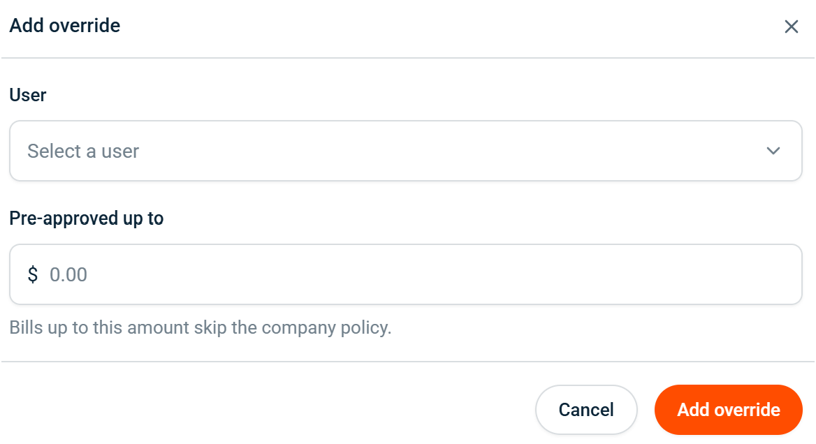 Add override dialog with a user picker and a Pre-approved up to amount field
