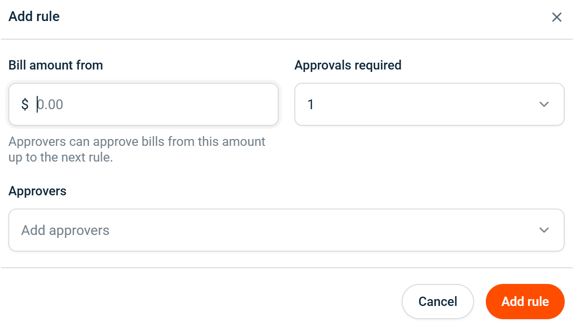 Add rule dialog with the Bill amount from field, the Approvals required selector, and the Approvers picker