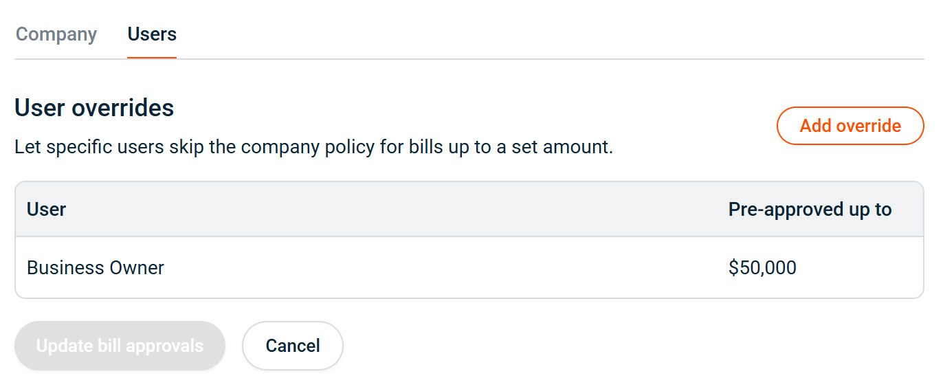 Bill approvals Users tab showing user overrides with each user’s pre-approved amount