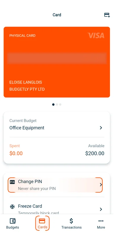 Mobile app Card screen with Cards tab and Change PIN highlighted