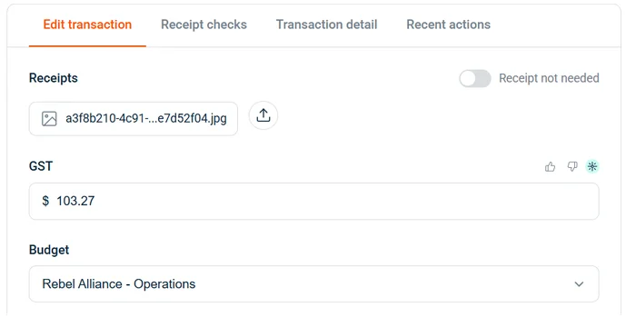 Transaction edit form showing AI-set GST, Category, and Campus fields with feedback icons