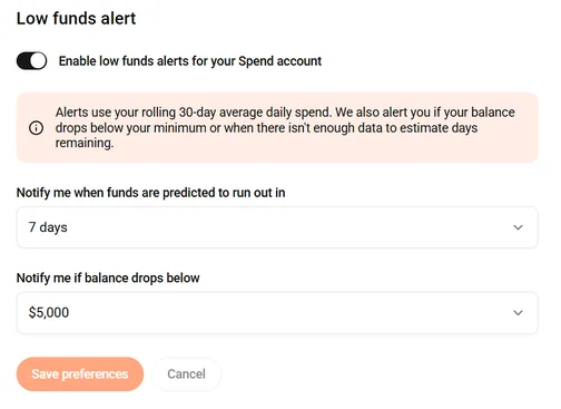 Preferences Accounts tab showing Low funds alert settings