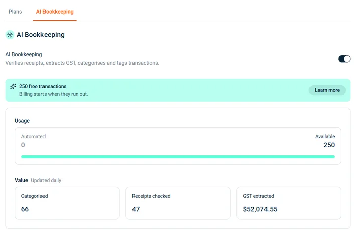AI Bookkeeping section on the Billing page showing usage, available transactions, and value totals