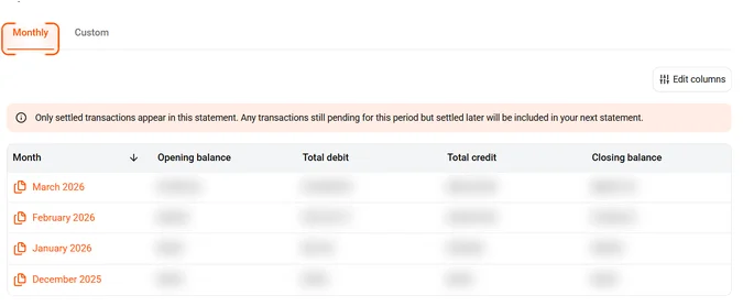 Monthly statements tab showing statement list