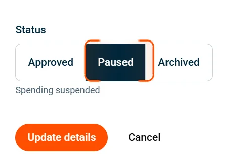Budget edit form showing the Status section with Paused selected