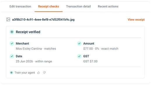 Receipt checks tab showing a verified receipt with Merchant, Amount, Date, and GST all passing